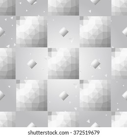 Silver polygonal shape: rhombus, circle on white silver sparkle background. Metal polygonal seamless pattern in hipster triangle low poly style. Silver background for vip, gift, website techno design
