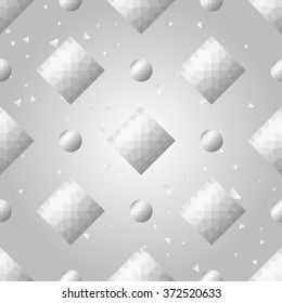 Silver polygonal shape: rhombus, circle on white silver sparkle background. Metal polygonal seamless pattern in hipster triangle low poly style. Silver background for vip, gift, website techno design
