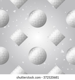 Silver polygonal shape: rhombus, circle on white silver sparkle background. Metal polygonal seamless pattern in hipster triangle low poly style. Silver background for vip, gift, website techno design