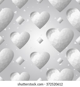 Silver polygonal shape: rhombus and heart on white silver sparkle background. Metal polygonal seamless pattern in hipster triangle low poly style. Silver background for vip, gift website techno design
