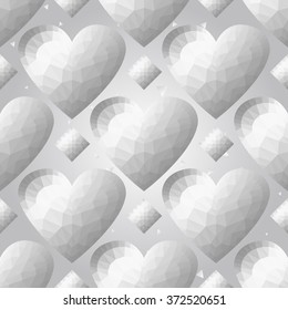 Silver polygonal shape: rhombus and heart on white silver sparkle background. Metal polygonal seamless pattern in hipster triangle low poly style. Silver background for vip, gift website techno design
