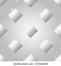 Silver polygonal shape: rhombus on white silver sparkle background. Metal polygonal seamless pattern in hipster triangle low poly style. Silver background for vip, gift, website techno design
