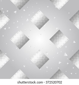 Silver polygonal shape: rhombus on white silver sparkle background. Metal polygonal seamless pattern in hipster triangle low poly style. Silver background for vip, gift, website techno design