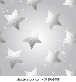 Silver polygonal shape: russian star on white silver sparkle background. Metal polygonal seamless pattern in hipster triangle low poly style. Silver background for vip, gift, website techno design