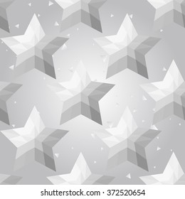 Silver polygonal shape: russian star on white silver sparkle background. Metal polygonal seamless pattern in hipster triangle low poly style. Silver background for vip, gift, website techno design