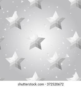 Silver polygonal shape: russian star on white silver sparkle background. Metal polygonal seamless pattern in hipster triangle low poly style. Silver background for vip, gift, website techno design