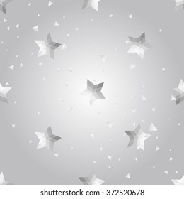Silver polygonal shape: russian star on white silver sparkle background. Metal polygonal seamless pattern in hipster triangle low poly style. Silver background for vip, gift, website techno design