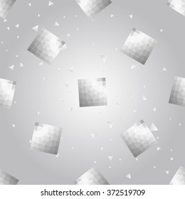 Silver polygonal shape: square on white silver sparkle background. Metal polygonal seamless pattern in hipster triangle low poly style. Silver background for vip, gift, website techno design