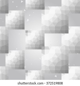 Silver polygonal shape: square on white silver sparkle background. Metal polygonal seamless pattern in hipster triangle low poly style. Silver background for vip, gift, website techno design