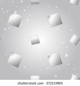 Silver polygonal shape: square, rhombus on white silver sparkle background. Metal polygonal seamless pattern in hipster triangle low poly style. Silver background for vip, gift, website techno design