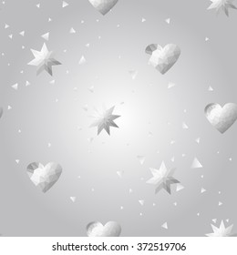 Silver polygonal shape: star, magic star, heart on silver sparkle background. Metal polygonal seamless pattern in hipster triangle low poly style. Silver background for vip gift, website techno design