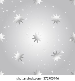 Silver polygonal shape: star on white silver sparkle background. Metal polygonal seamless pattern in hipster triangle low poly style. Silver background for vip, gift, website techno design