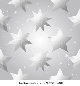 Silver polygonal shape: star, pentagram, on white silver sparkle background. Metal polygonal seamless pattern in hipster triangle low poly style. Silver background for vip, gift, website techno design