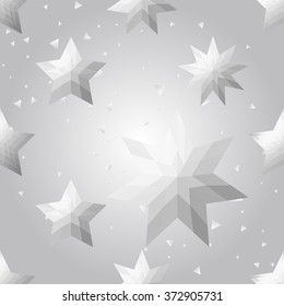 Silver polygonal shape: star, pentagram, on white silver sparkle background. Metal polygonal seamless pattern in hipster triangle low poly style. Silver background for vip, gift, website techno design