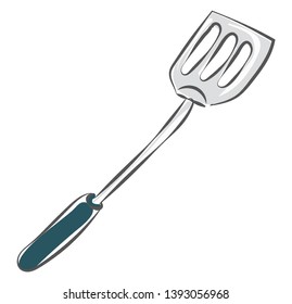 Un pontón de plata con mango azul para servir dibujos o ilustraciones de color vectorial de macarrones