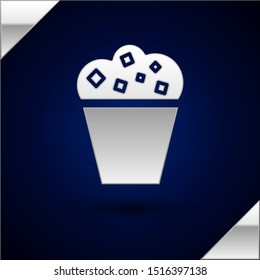 Silver Popcorn in cardboard box icon isolated on dark blue background. Popcorn bucket box.  Vector Illustration