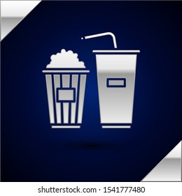 Silver Popcorn in cardboard box and paper glass with drinking straw and water icon isolated on dark blue background. Soda drink glass.  Vector Illustration