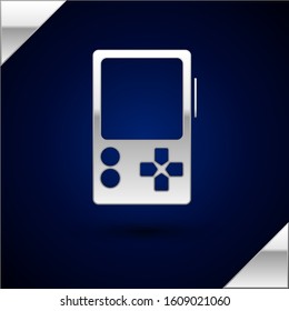 Silver Portable video game console icon isolated on dark blue background. Gamepad sign. Gaming concept.  Vector Illustration