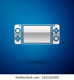 Silver Portable video game console icon isolated on blue background. Gamepad sign. Gaming concept.  Vector Illustration