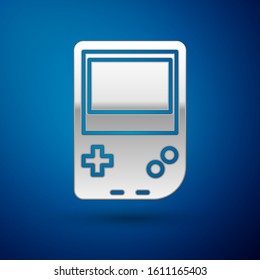 Silver Portable video game console icon isolated on blue background. Gamepad sign. Gaming concept.  Vector Illustration