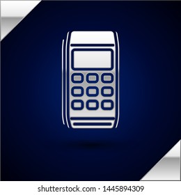 Silver Pos terminal icon isolated on dark blue background. Payment terminal transaction. Pay by card.  Vector Illustration