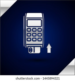 Silver Pos terminal with inserted credit card icon isolated on dark blue background. Payment terminal transaction. Pay by card.  Vector Illustration