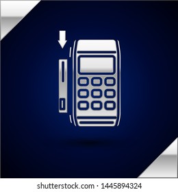 Silver Pos terminal with inserted credit card icon isolated on dark blue background. Payment terminal transaction. Pay by card.  Vector Illustration