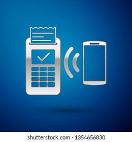 Silver POS terminal with printed reciept and confirms the payment by smartphone icon isolated on blue background. NFC payment concept. Vector Illustration