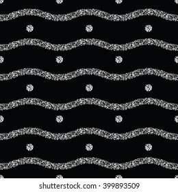 Silver powder on black, seamless pattern, repeating shiny gift wrap, waving lines, circles