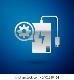 Silver Power bank with charge cable and gear icon isolated on blue background. Adjusting app, service concept, setting options, maintenance, repair. Vector Illustration