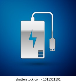 Silver Power bank with different charge cable icon isolated on blue background. Portable charging device. Vector Illustration