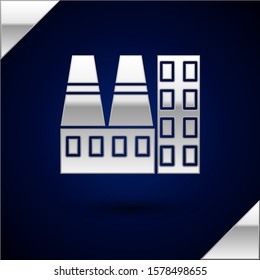 Silver Power station plant and factory icon isolated on dark blue background. Energy industrial concept.  Vector Illustration