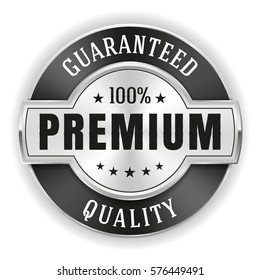 Silver premium quality badge / button with black border on white background