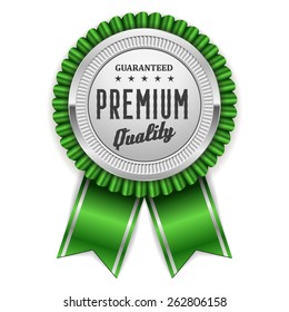 Silver premium quality badge with green ribbon on white background