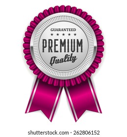 Silver premium quality badge with purple ribbon on white background
