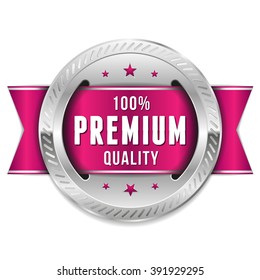 Silver premium quality badge, rosette with purple ribbon