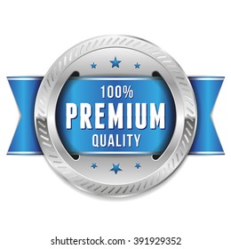 Silver premium quality badge, rosette with blue ribbon