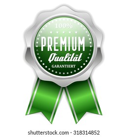 Silver premium quality rosette with green ribbon on white background