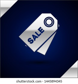 Silver Price tag with an inscription Sale icon isolated on dark blue background. Badge for price. Promo tag discount.  Vector Illustration