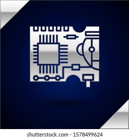 Silver Printed circuit board PCB icon isolated on dark blue background.  Vector Illustration