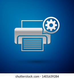 Silver Printer and gear icon isolated on blue background. Adjusting app, service concept, setting options, maintenance, repair, fixing. Vector Illustration