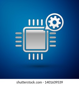 Silver Processor and gear icon isolated on blue background. CPU, chip service concept. Adjusting app, setting options, maintenance, repair, fixing. Vector Illustration