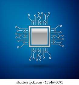 Silver Processor icon isolated on blue background. CPU, central processing unit, microchip, microcircuit, computer processor, chip. Vector Illustration