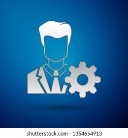 Silver Profile settings icon on blue background. User setting icon. Profile Avatar with cogwheel sign. Account icon. Male person silhouette. Vector Illustration