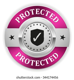 Silver protected badge with purple border on white background