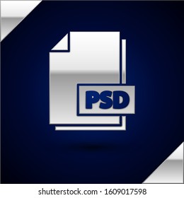 Silver PSD File Document. Download Psd Button Icon Isolated On Dark Blue Background. PSD File Symbol.  Vector Illustration