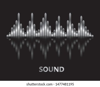 Silver pulse music player banner. Audio metallic wave logo on black background