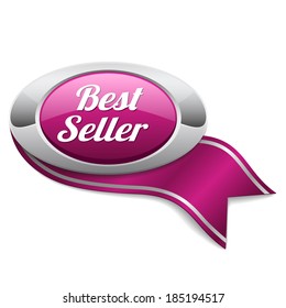 Silver purple best seller button with ribbon on white background