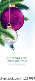 Silver and purple Christmas tree balls on a  blue sparkling background