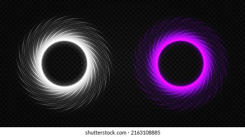 Silver and purple circles with sparkles. A flash flies in a circle in a luminous ring. Abstract glittering swirls.